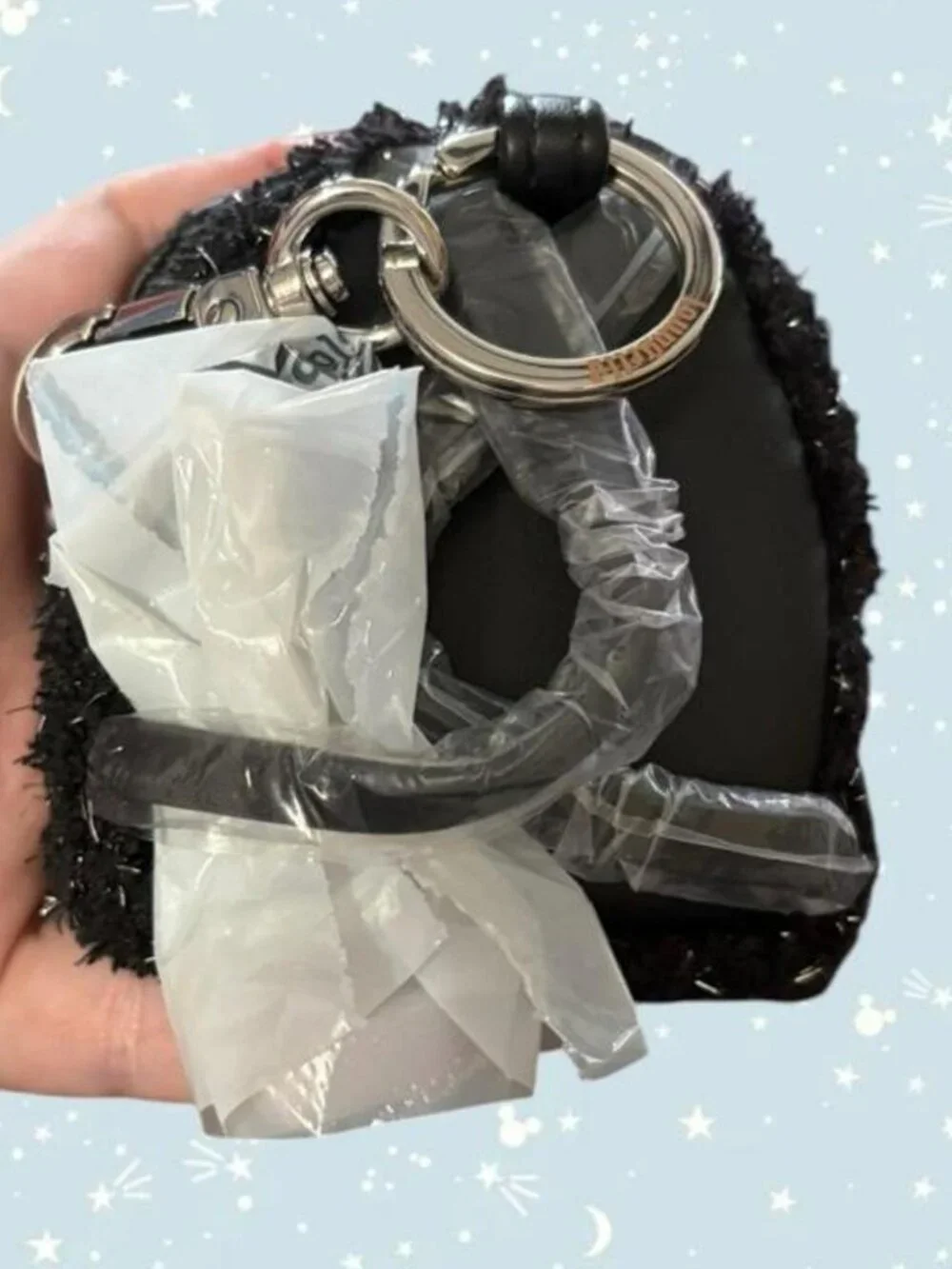 Disney Loungefly black and silver tinsel fuzzy Minnie Mouse keychain backpack